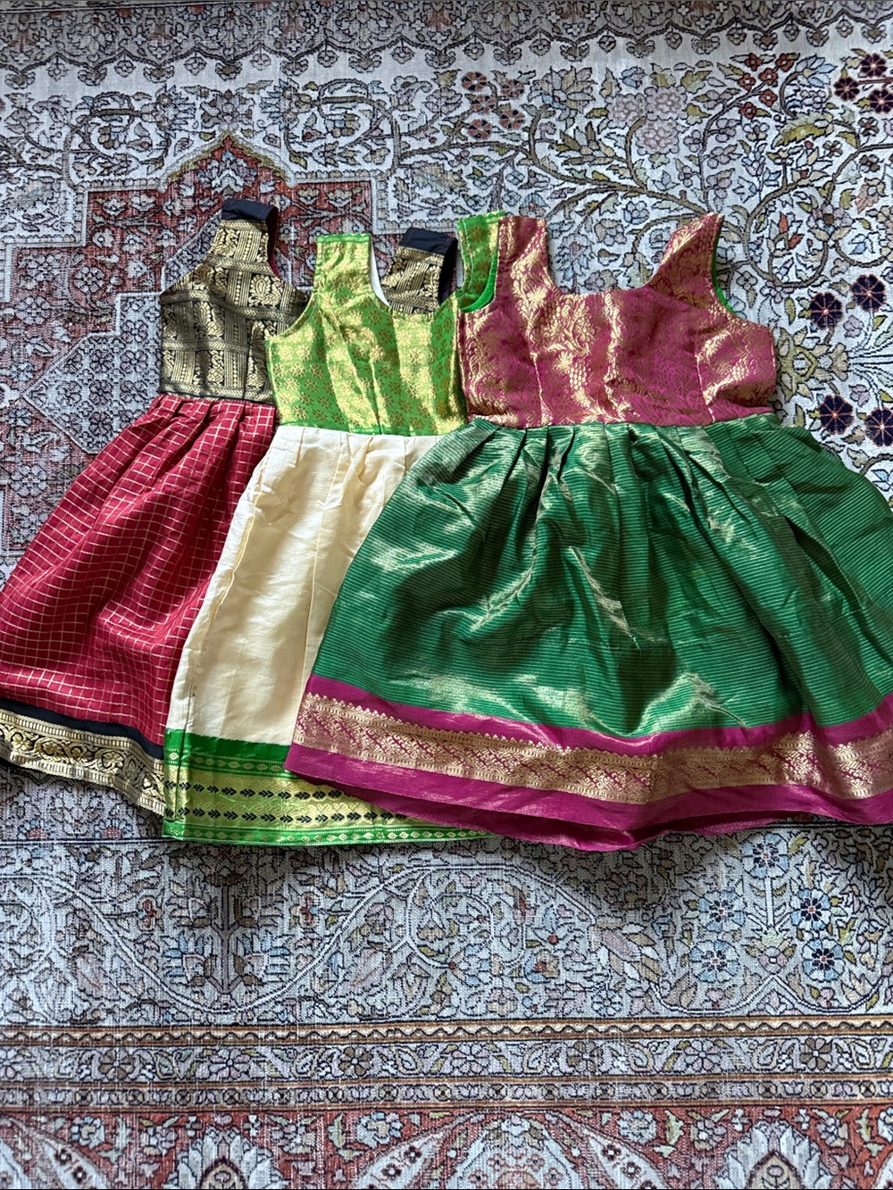 Lot of 3 Traditional Silk Girls' Dresses - Green, Pink, Gold, Cream 2-3y 💓💚💛👀